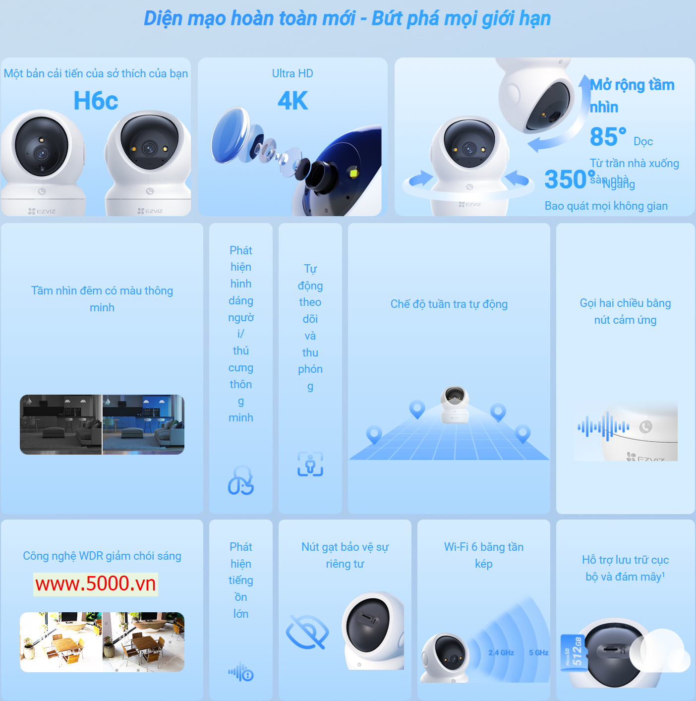 EZVIZ H6C G1 4K 8MP - Camera Wi-Fi "Anh Hói" với góc dọc tới 85 độ, Chạm để gọi điện, Đàm thoại 2 chiều, Ghi hình màu ban đêm, đặc biệt có True-WDR