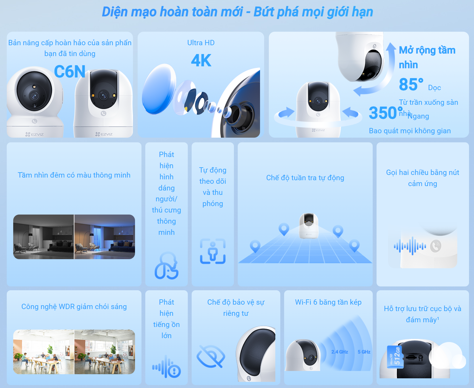 (3) EZVIZ C6N G1 Series  2K | 3K | 4K (Nổi bật với góc nhìn rộng và chống ngược sáng tốt hơn | Ban đêm có Màu | Đàm thoại | Xoay 360 | Thùng 30c)