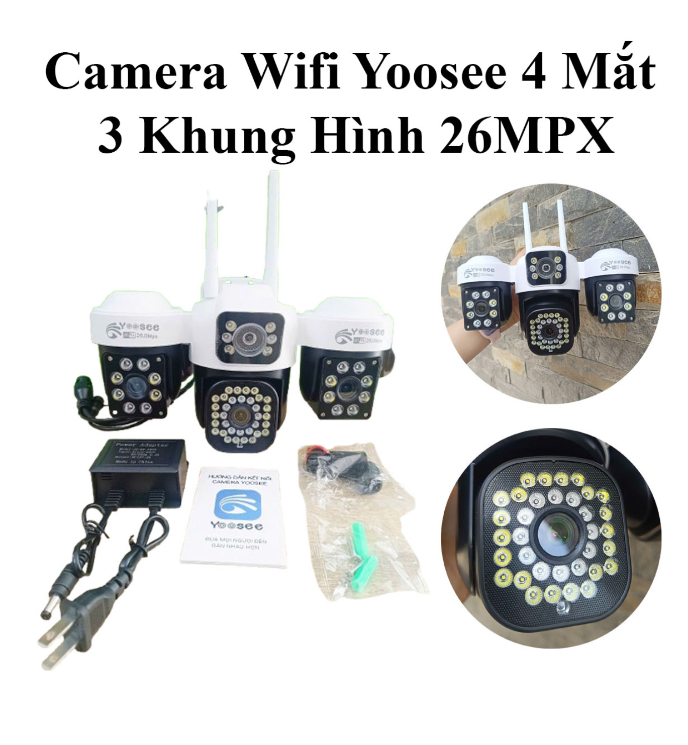 YOOSEE Máy Bay F35 - Camera Wi-Fi 4 mắt 3 khung hình | Tông màu TRẮNG ĐEN | Tích hợp đèn báo động đỏ, chống trộm | Vỏ hộp xanh lá | Bảo hành 12 tháng | Thùng 12c