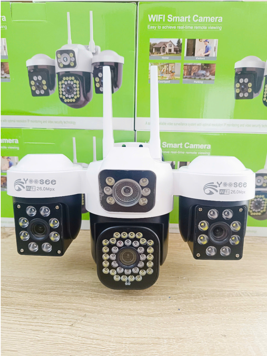 YOOSEE Máy Bay F35 - Camera Wi-Fi 4 mắt 3 khung hình | Tông màu TRẮNG ĐEN | Tích hợp đèn báo động đỏ, chống trộm | Vỏ hộp xanh lá | Bảo hành 12 tháng | Thùng 12c