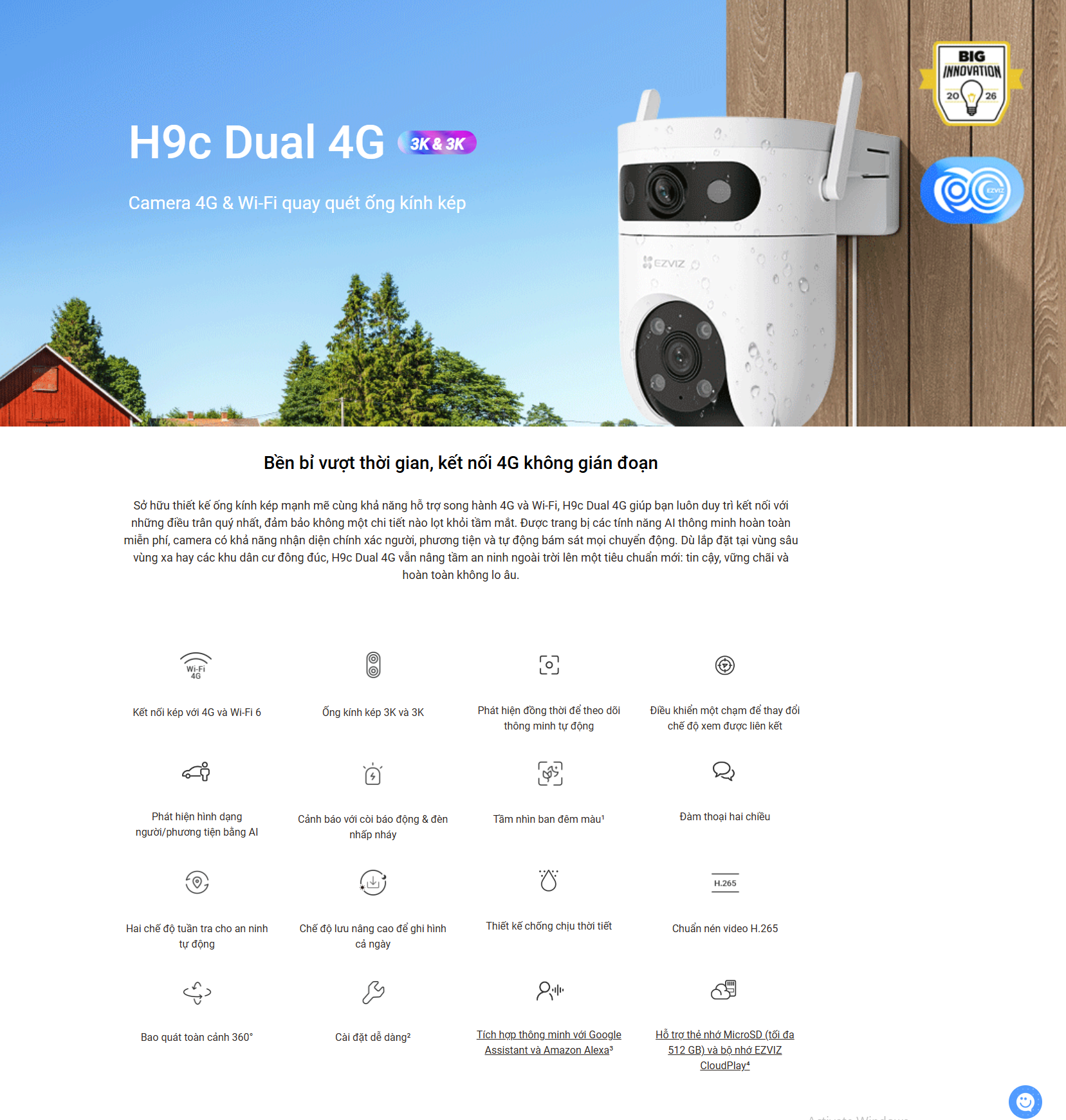 4G Camera 10MP EZVIZ CS-H9C (5MP+5MP, 4G) - FullColor, Sóng sim 4G mọi nhà mạng Việt Nam
