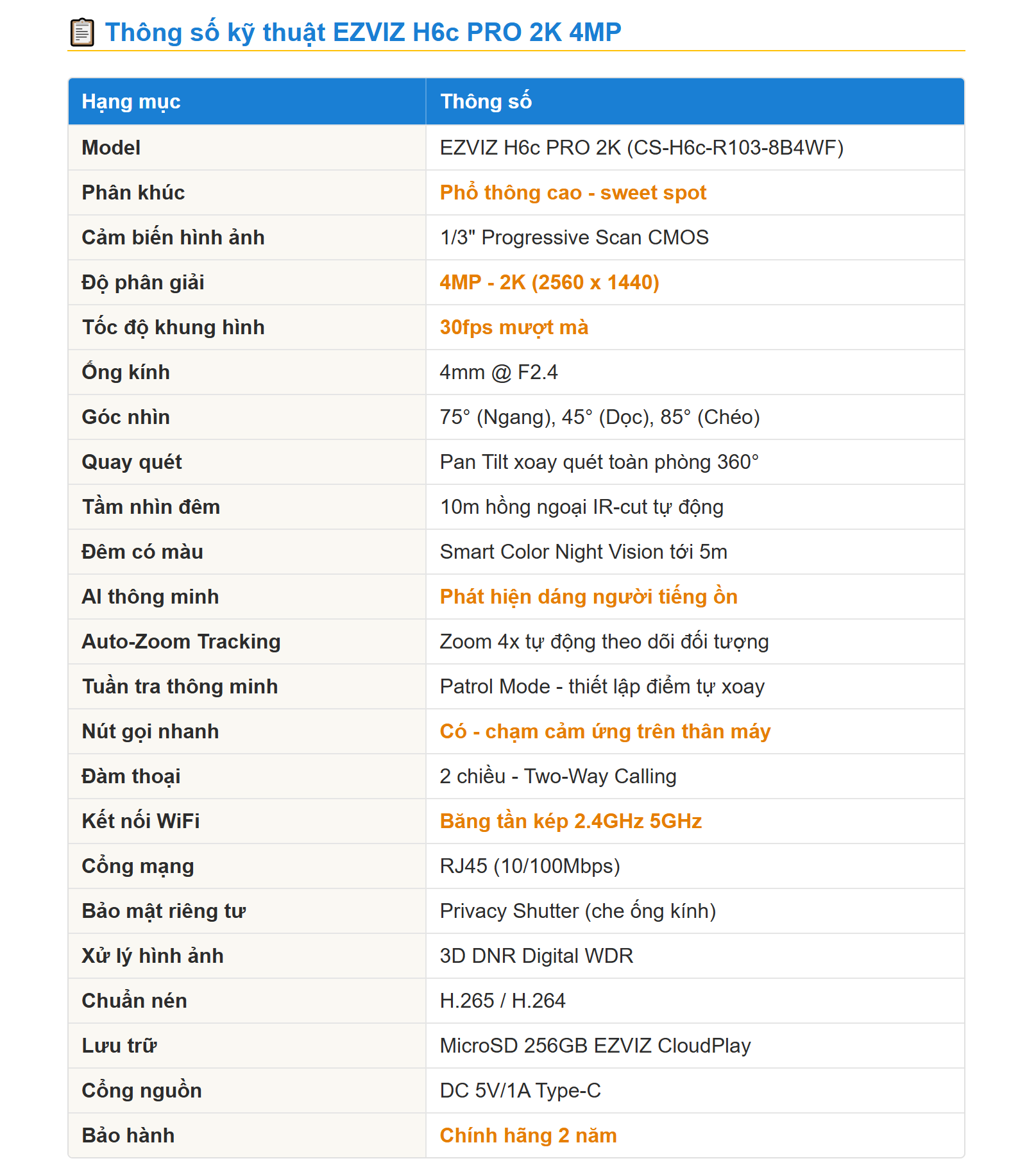 (5.0Ghz) Camera 4MP EZVIZ H6C PRO 2K+ | C6N PRO 2K+ ( Có màu ban đêm | Nút Gọi | Đàm thoại | Xoay 360 | Thùng 30c | 2 mã chỉ khác NNK, còn lại y chang )