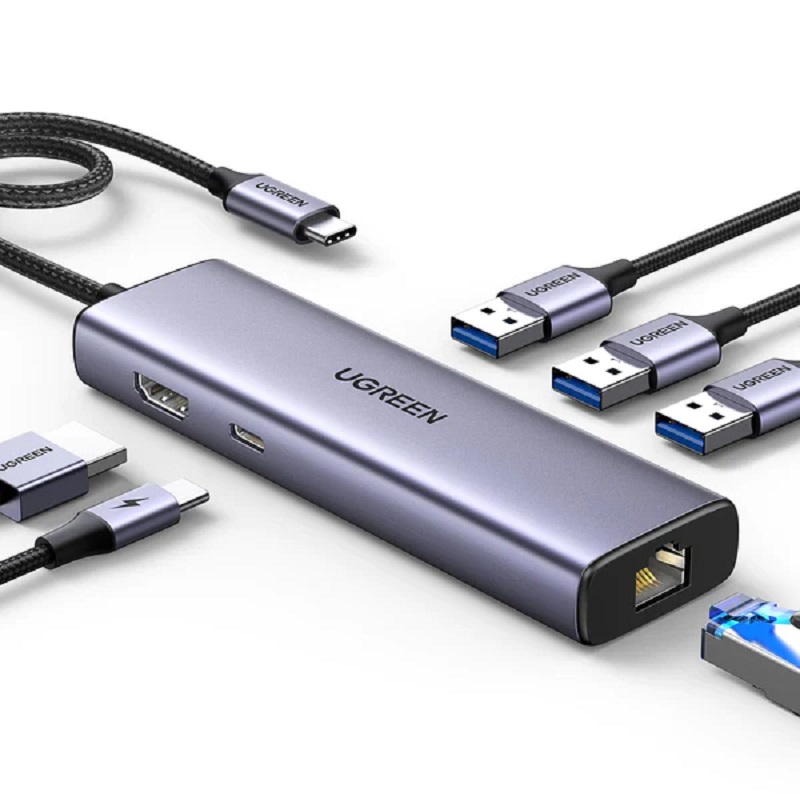 Bộ chuyển đổi USB-C sang HDM 4K@30Hz , PD 100W Ugreen 15598 USB A+HDMI+RJ45+PD Converter 4K@30Hz with PD