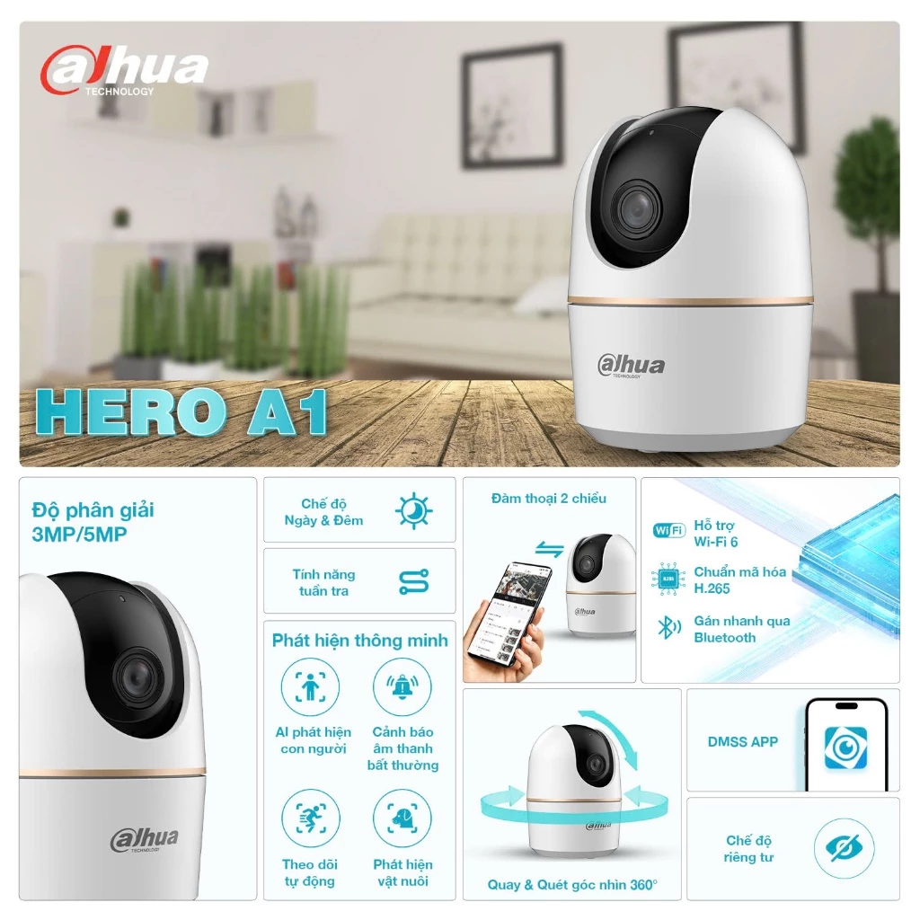 Wifi Dahua H5AE 3K 5MP - Hero A1 Xoay 360, Đàm thoại, nhìn xuyên ban đêm