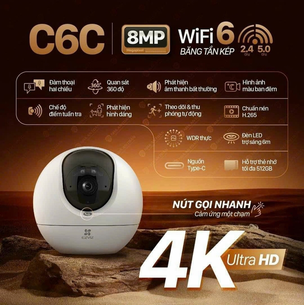 EZVIZ C6C 8MP 4K - Camera Wi-Fi "Vẫy tay gọi điện", Wifi 5.0Ghz, Chống ngược sáng thực