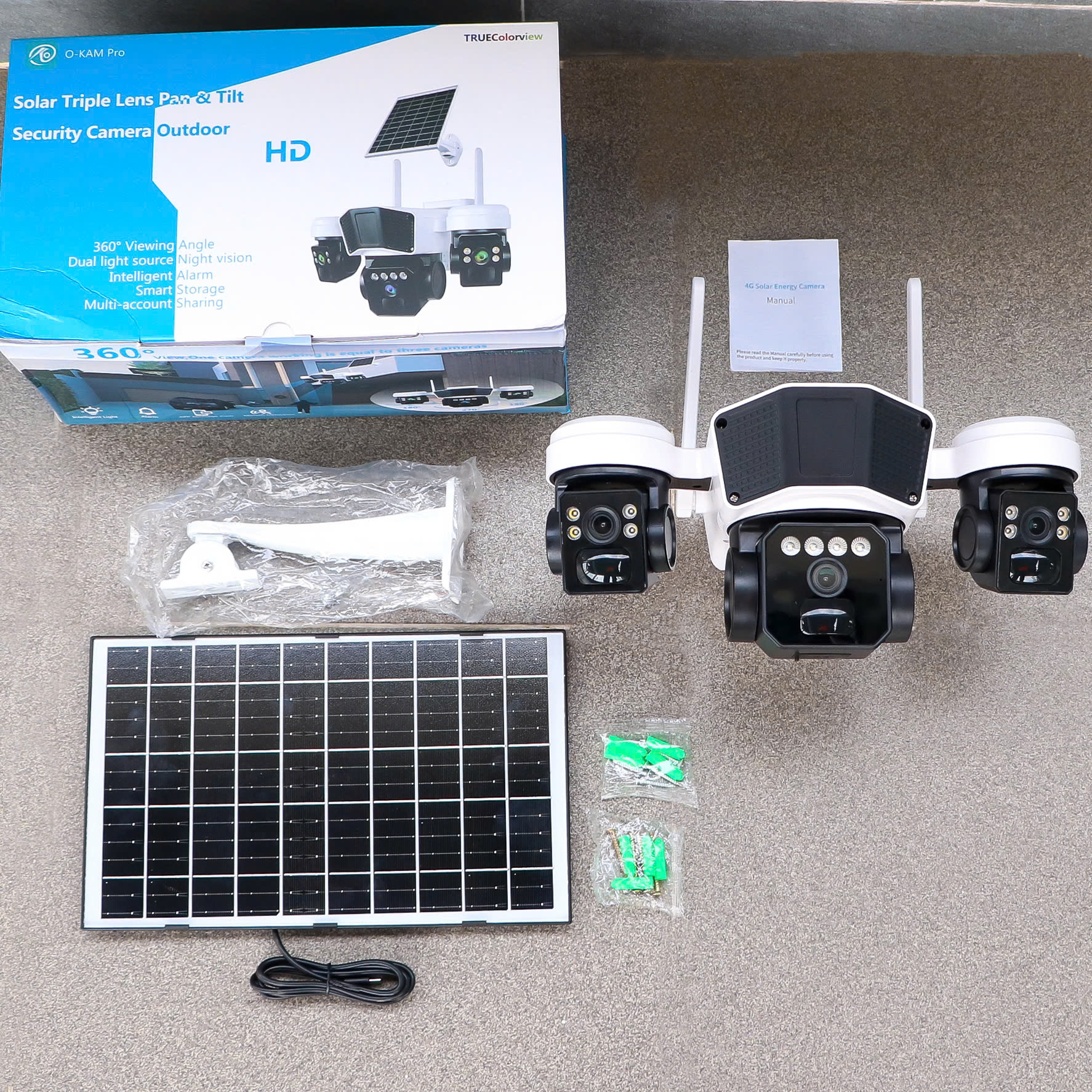 4G Net Solar PTZ Camera O-KAM PRO TL3 với 3 mắt xoay độc lập (Sim 4G, Tấm pin NLMT 12.000mAh, chân đế dài, xoay 360 độ , đàm thoại, có màu, thùng 12 hộp)