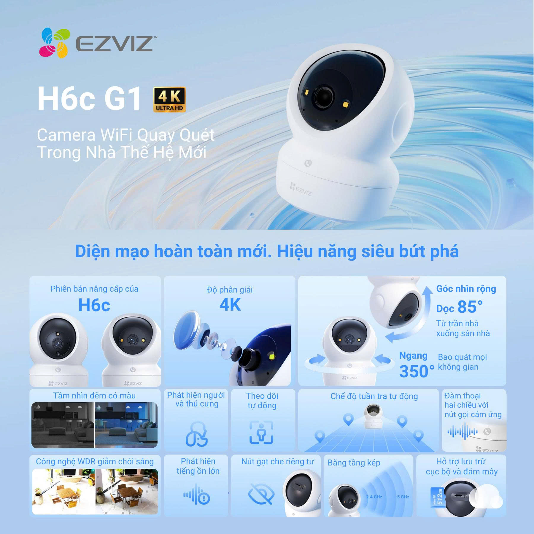 EZVIZ H6C G1 4K 8MP - Camera Wi-Fi "Anh Hói" với góc dọc tới 85 độ, Chạm để gọi điện, Đàm thoại 2 chiều, Ghi hình màu ban đêm, đặc biệt có True-WDR