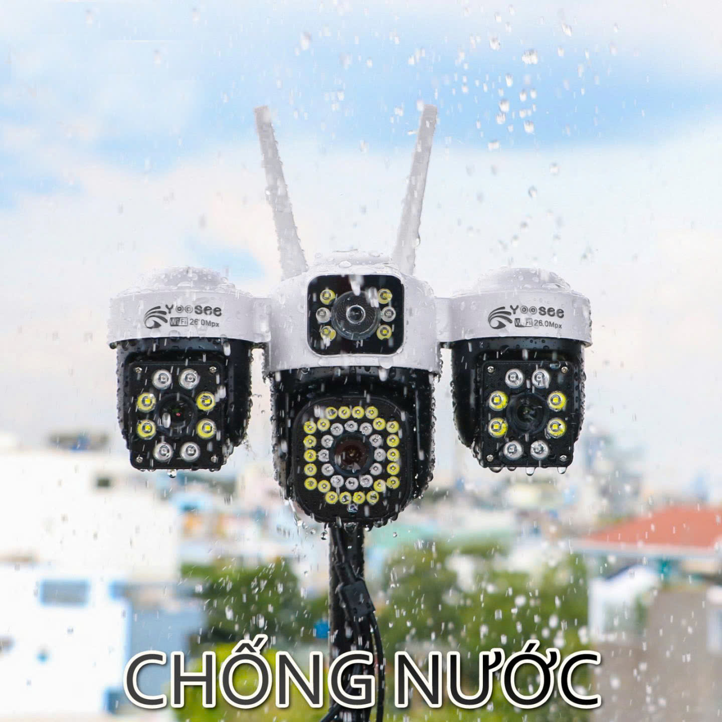 YOOSEE Máy Bay F35 - Camera Wi-Fi 4 mắt 3 khung hình | Tông màu TRẮNG ĐEN | Tích hợp đèn báo động đỏ, chống trộm | Vỏ hộp xanh lá | Bảo hành 12 tháng | Thùng 12c