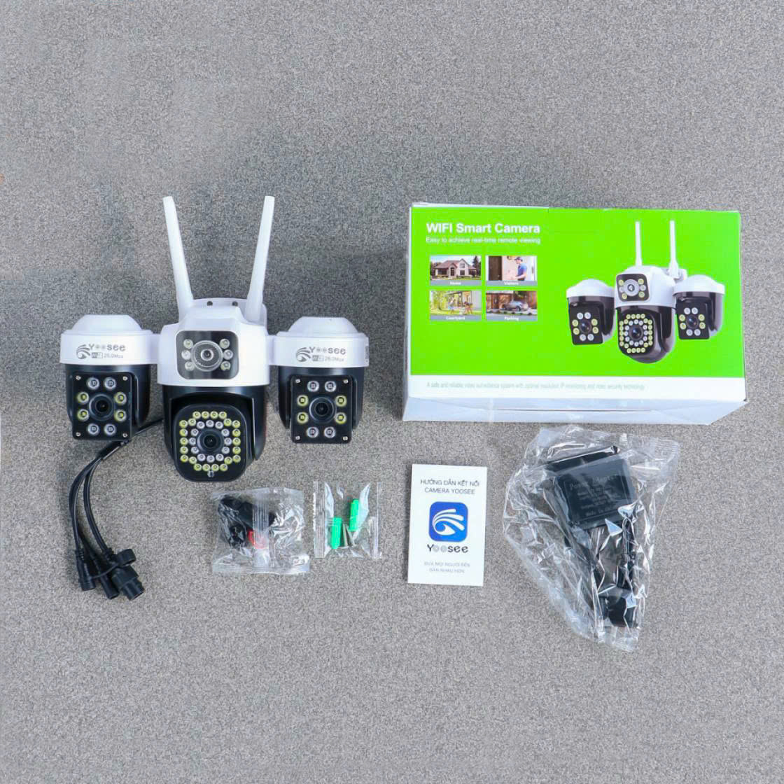 YOOSEE Máy Bay F35 - Camera Wi-Fi 4 mắt 3 khung hình | Tông màu TRẮNG ĐEN | Tích hợp đèn báo động đỏ, chống trộm | Vỏ hộp xanh lá | Bảo hành 12 tháng | Thùng 12c