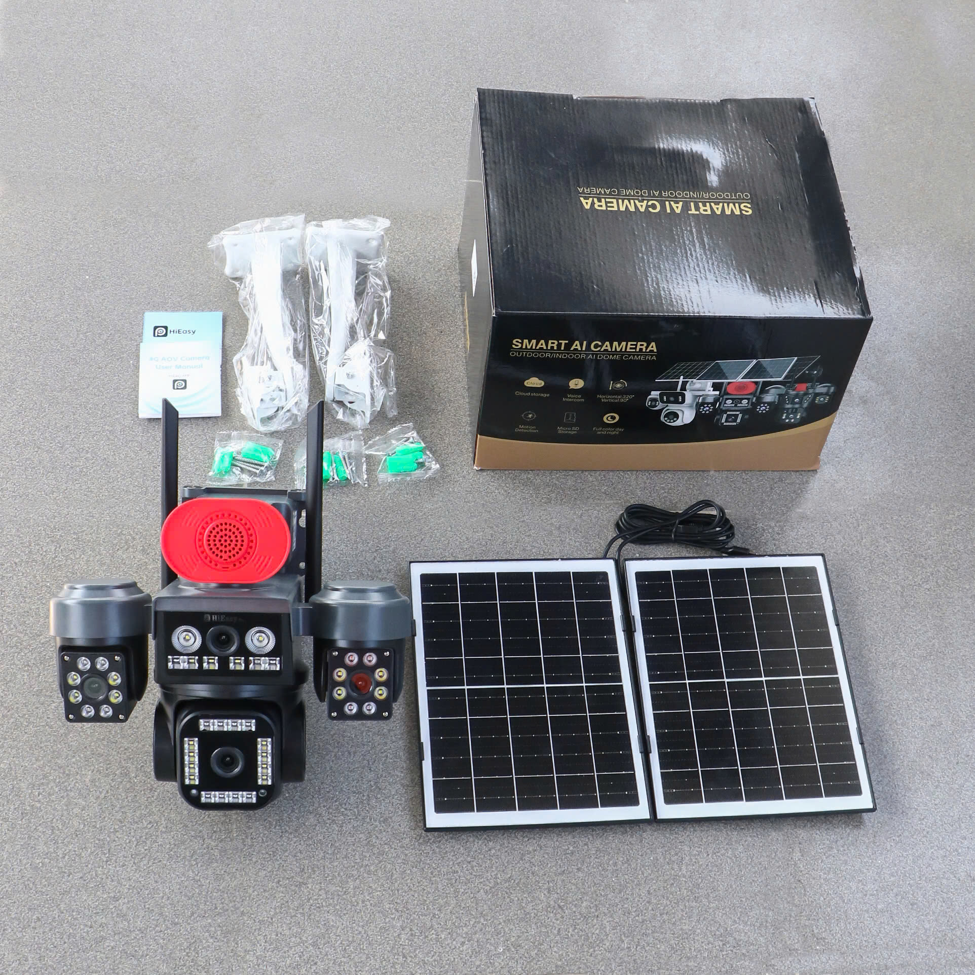 4G Solar Camera HiEasy Pro V560-PRO-30MPX với 4 mắt xoay độc lập (Sim 4G, Tấm pin NLMT 12.000mAh, chân đế dài, xoay 360 độ , đàm thoại, có màu, thùng 12 hộp)