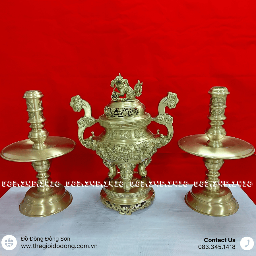 Bộ Đỉnh Đồng Ngũ Sự Thờ Gia Tiên Bằng Đồng Vàng Chính Hãng