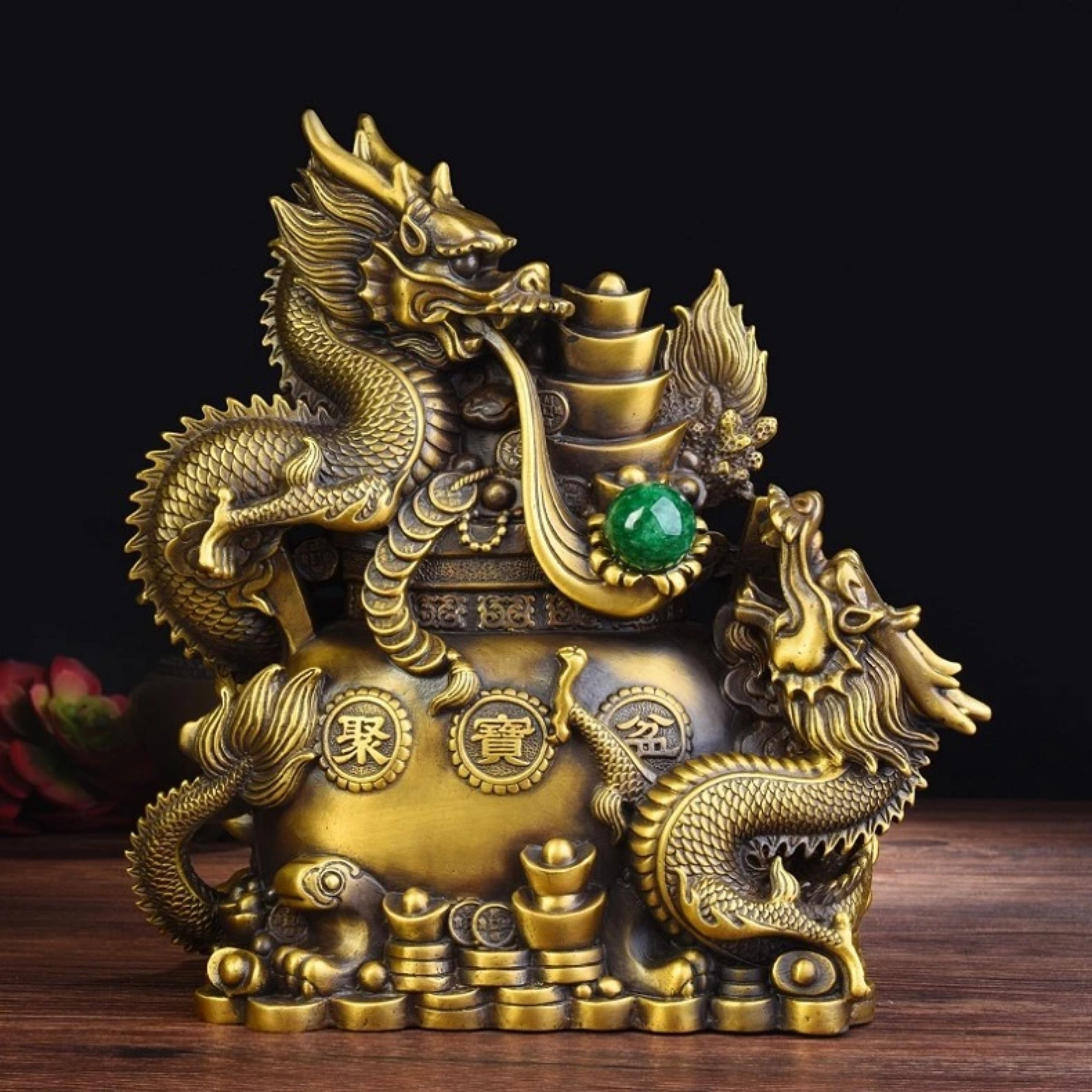 Tượng Rồng Bằng Đồng – Song Long Cuộn Hũ Vàng Phong Thủy May Mắn