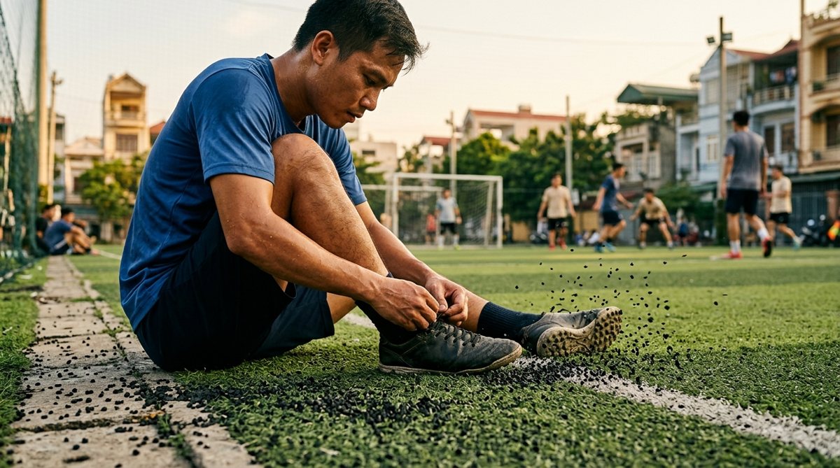 Nhóm cầu thủ phủi Việt Nam buộc dây giày đá bóng trên sân cỏ nhân tạo buổi chiều