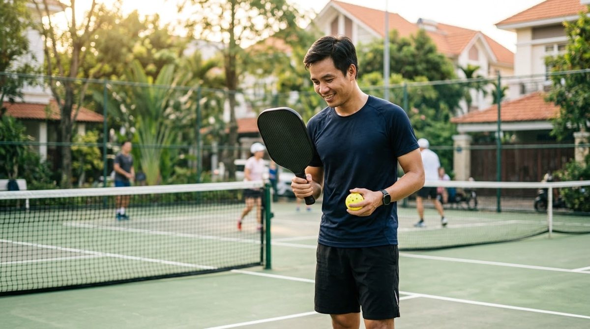 Người mới chơi cầm vợt pickleball carbon ngắm nghía trên sân buổi sáng