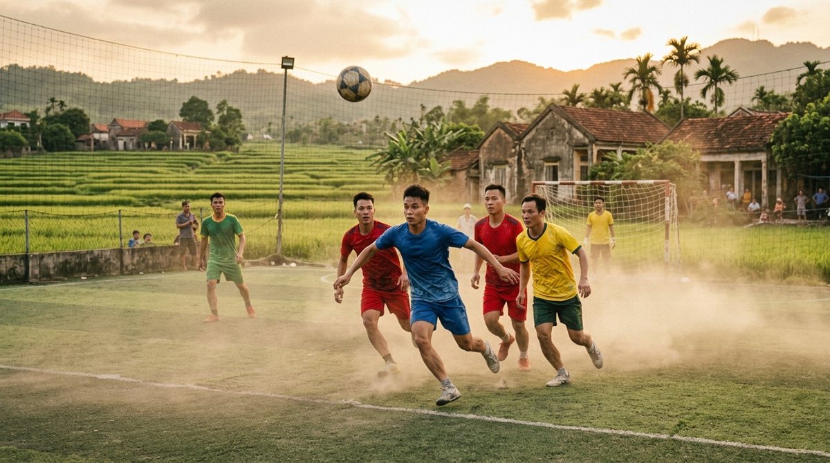 Đội bóng phủi trong làng đá bóng chiều cuối tuần trên sân cỏ nhân tạo