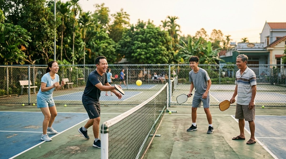 Gia đình Việt chơi pickleball buổi sáng cùng nhau trên sân ngoài trời