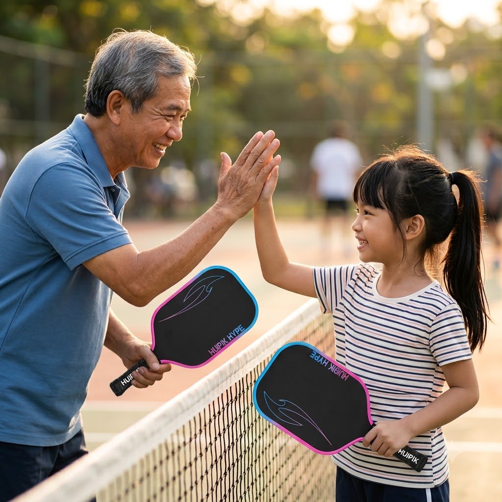 Ông và cháu chơi pickleball đập tay ăn mừng trên sân buổi sáng
