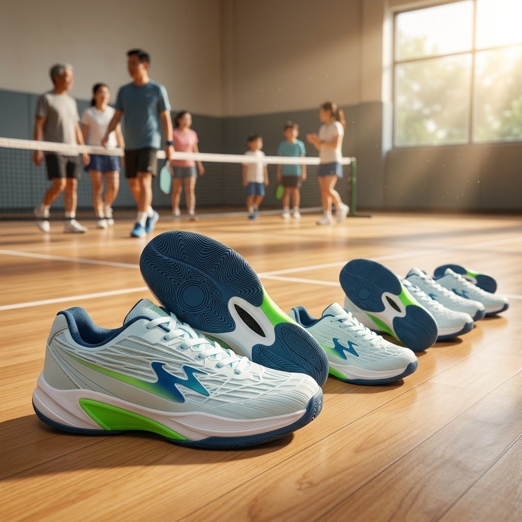 Các đôi giày pickleball nhiều size xếp trên sân gỗ cho cả gia đình