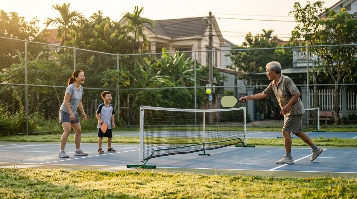 Gia đình Việt ba thế hệ chơi pickleball buổi sáng trên sân ngoài trời
