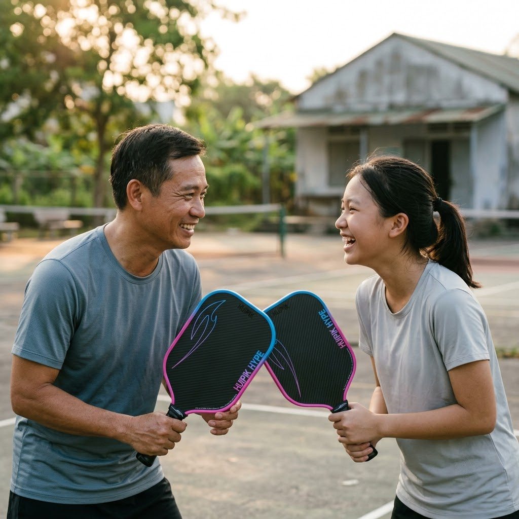Bố và con gái chơi đôi pickleball, phối hợp và giao tiếp trên sân