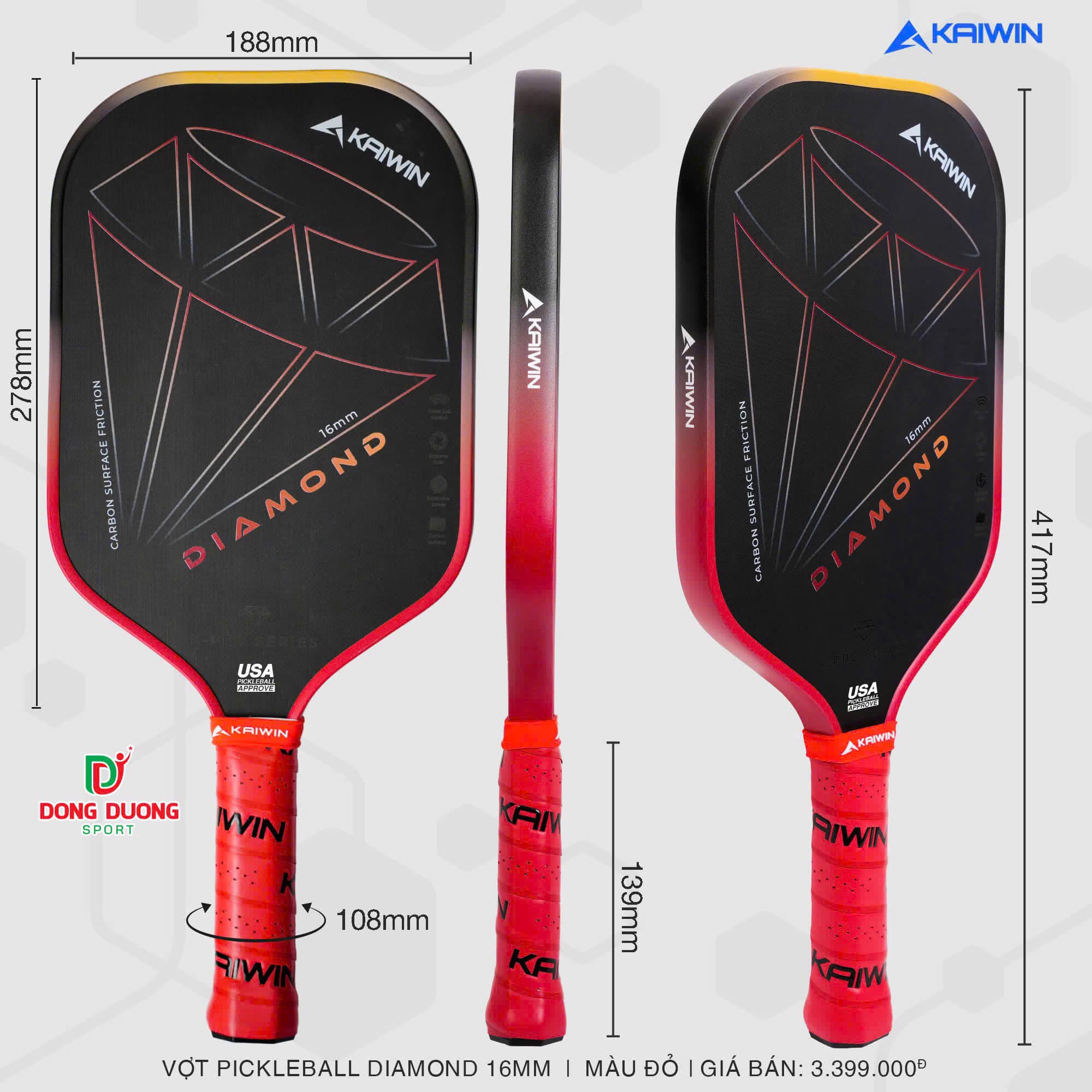 Vợt Pickleball Kaiwin Diamond 3 lớp carbon fiber T700 siêu cứng, nhám kết hợp công nghệ lõi Dualx2 FEC K-Pro Series 16mm