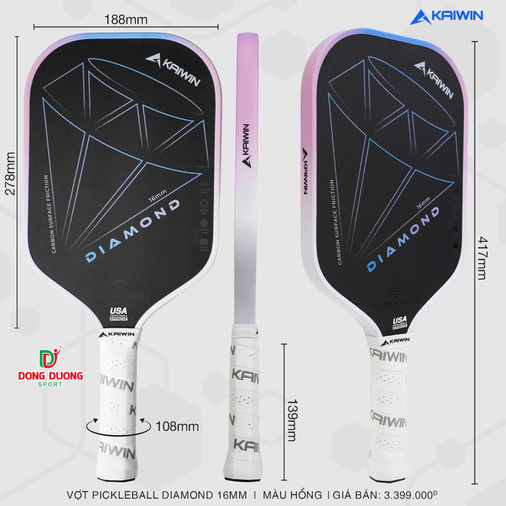 Vợt Pickleball Kaiwin Diamond 3 lớp carbon fiber T700 siêu cứng, nhám kết hợp công nghệ lõi Dualx2 FEC K-Pro Series 16mm