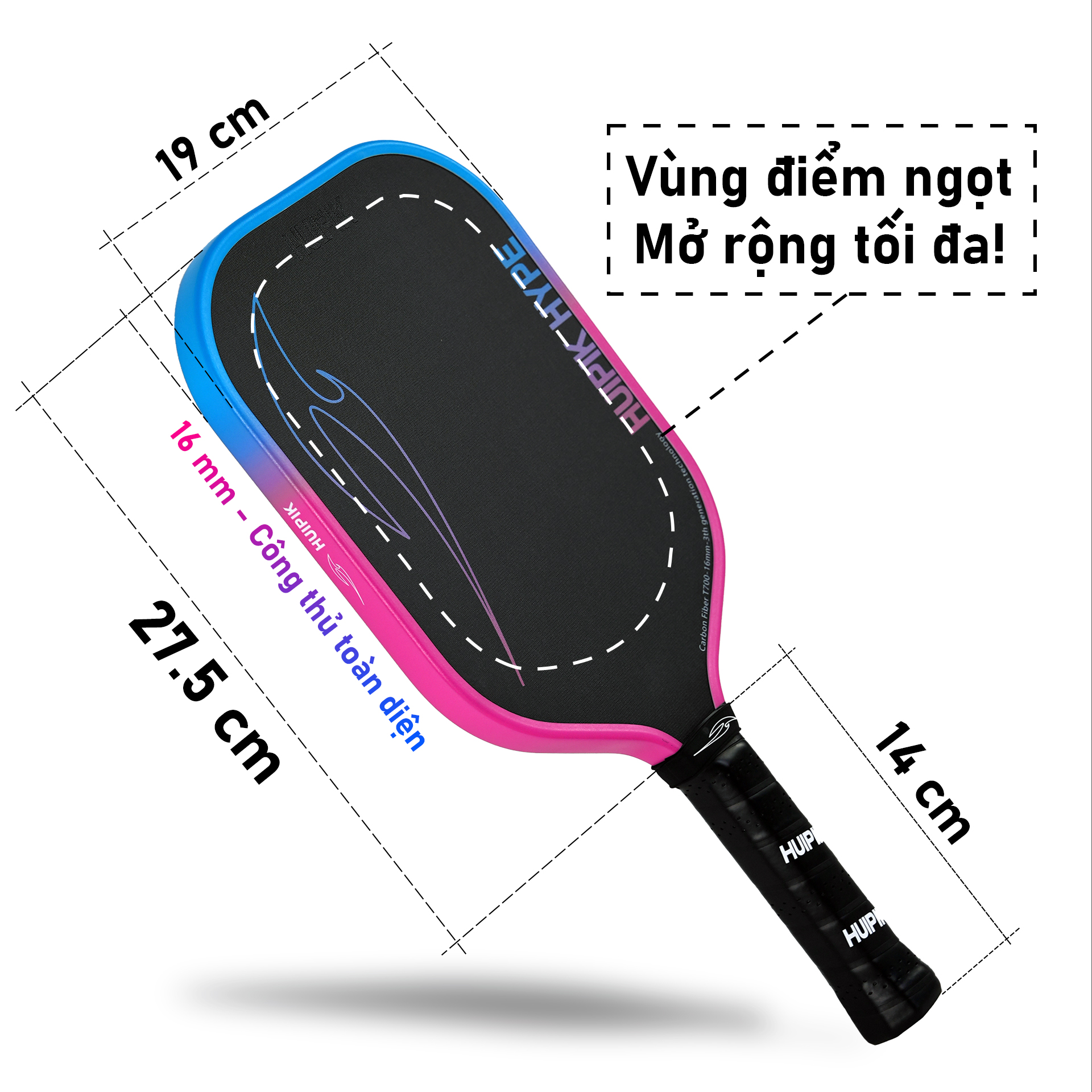 Vợt Pickleball Huipik Hype - Carbon T700 siêu nhám - 16mm Cao cấp