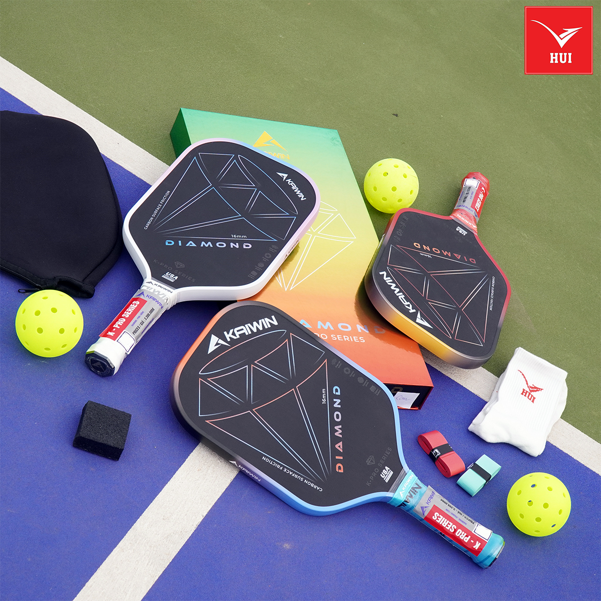 Vợt Pickleball Kaiwin Diamond 3 lớp carbon fiber T700 siêu cứng, nhám kết hợp công nghệ lõi Dualx2 FEC K-Pro Series 16mm