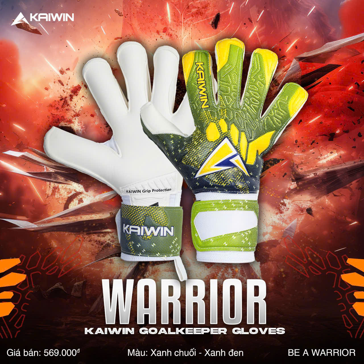 Găng tay thủ môn Kaiwin WARRIOR - Mút Latex Grippy từ Đức (dày 4mm)