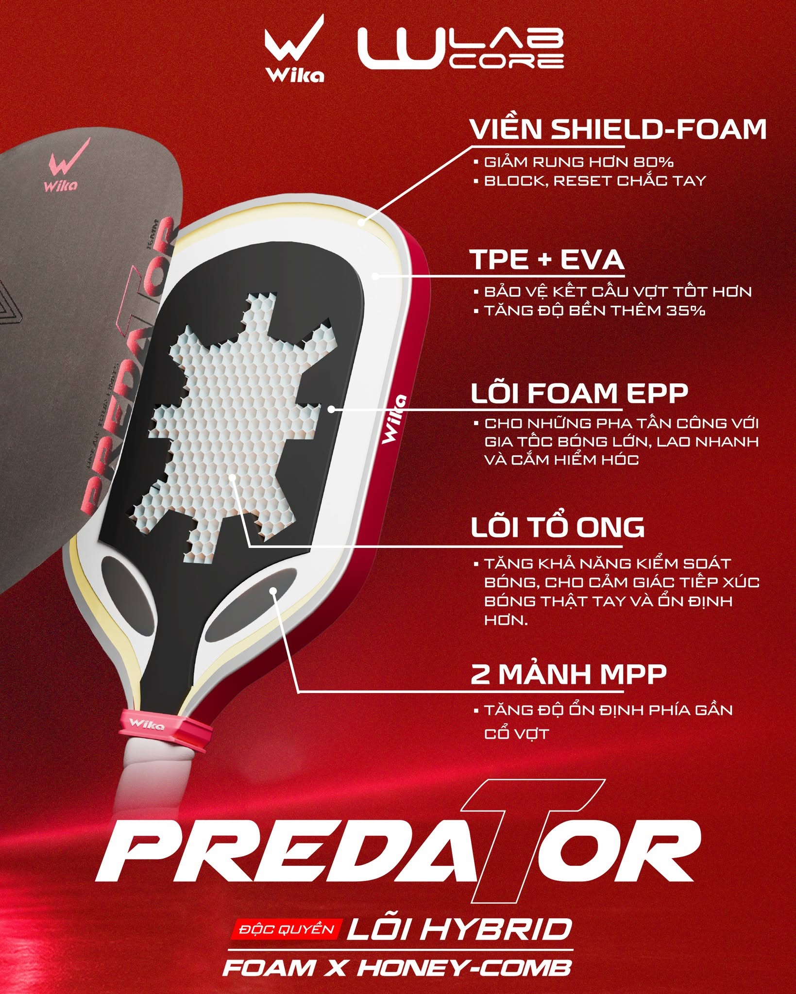 Cấu tạo vợt Pickleball Wika Predator - lõi Hybrid Foam x Honey-comb