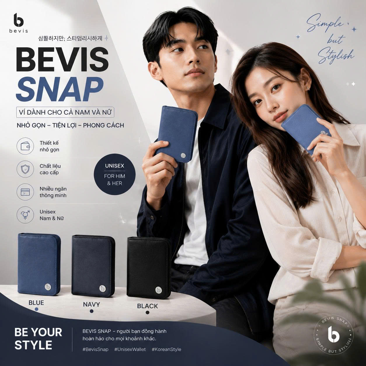 Ví Bevis Snap Unisex – Ví nam nữ nhỏ gọn, tiện lợi và thời trang