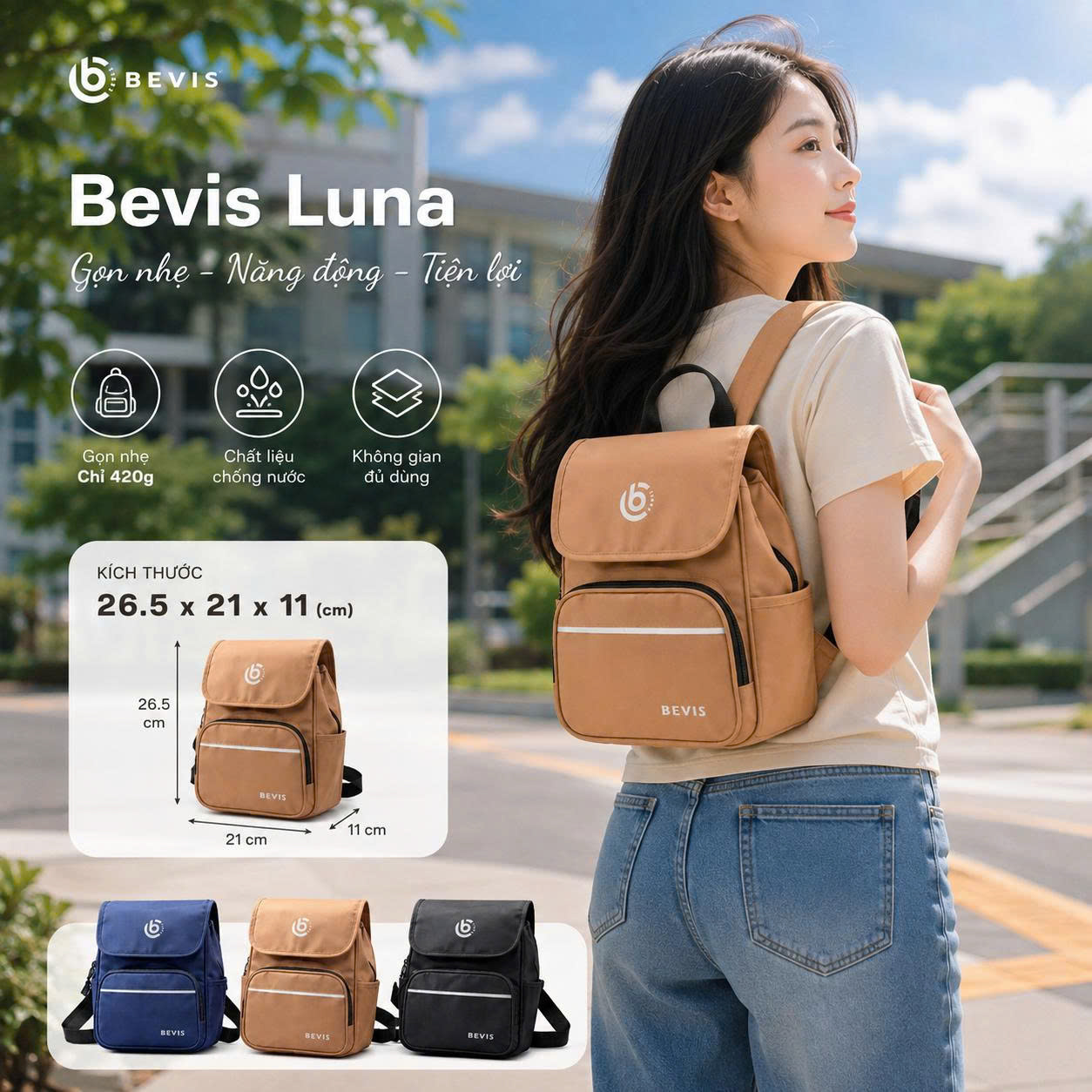 Balo Bevis Luna – Balo nữ nhỏ gọn, chống nước, tiện lợi hằng ngày