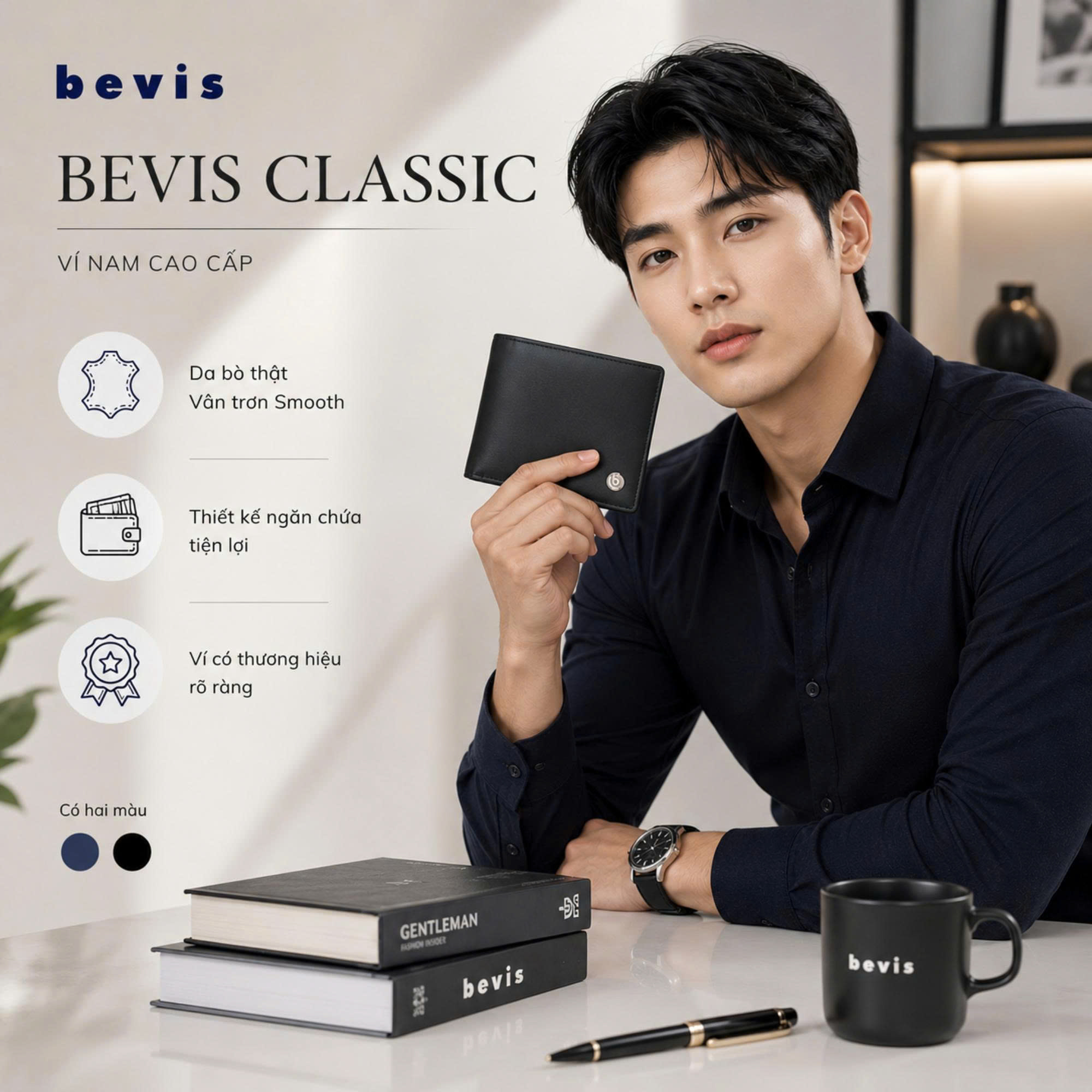 Ví nam Bevis Classic – Ví da bò thật cao cấp, thiết kế tinh tế cho quý ông hiện đại
