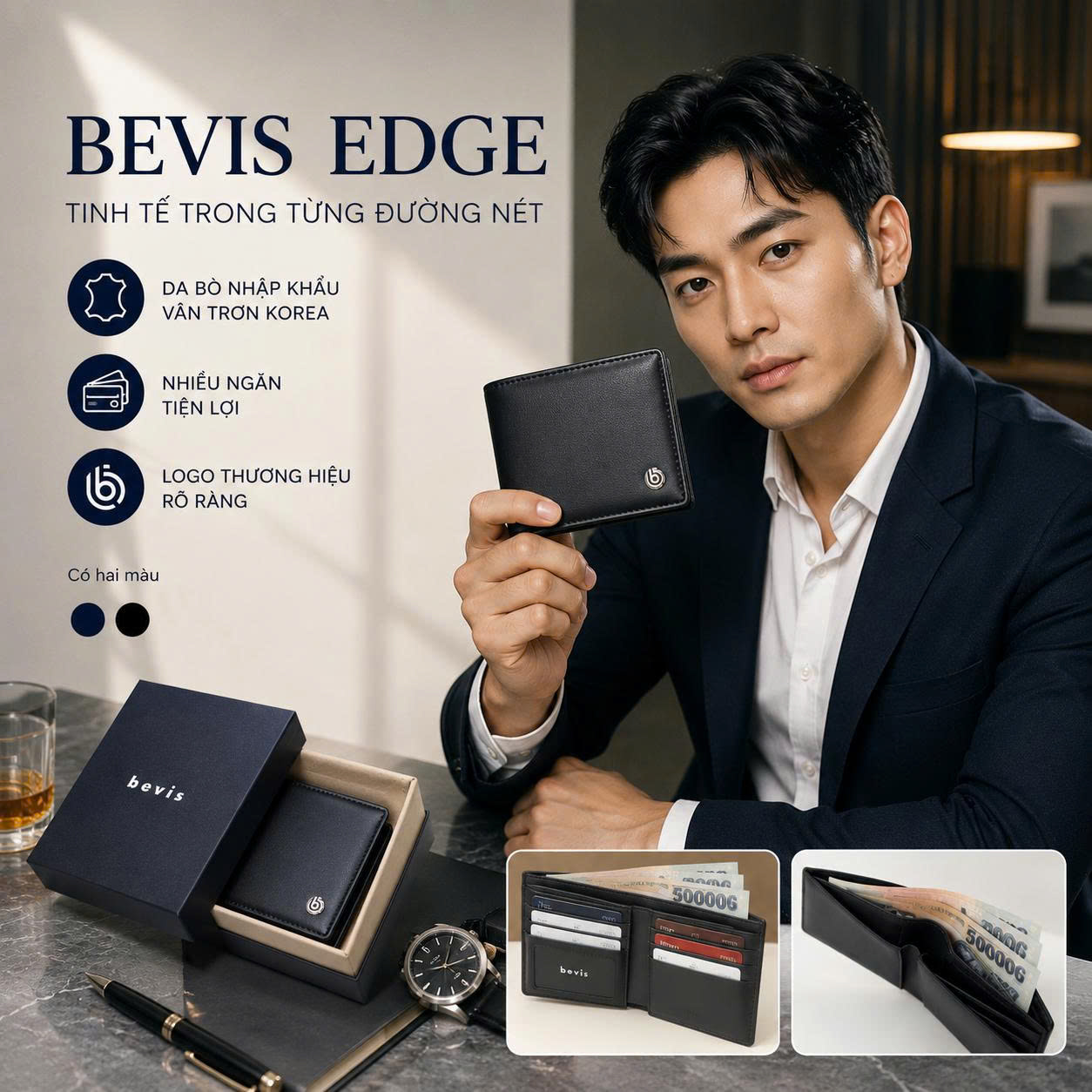 Ví nam Bevis Edge – Ví da bò nhập khẩu cao cấp, thiết kế tinh tế