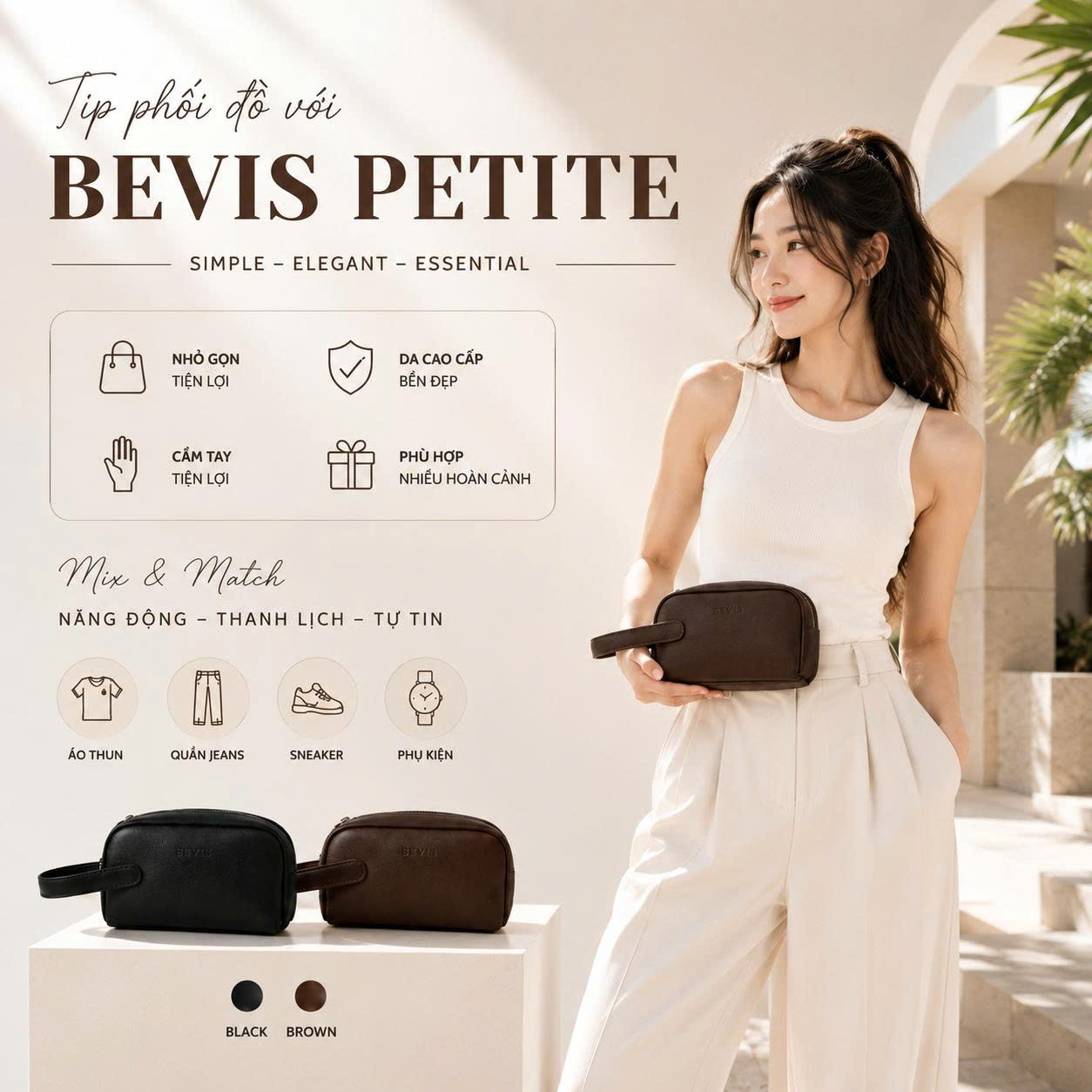 Túi Da BEVIS PETITE – Túi Cầm Tay Nhỏ Gọn, Thanh Lịch & Dễ Phối Đồ