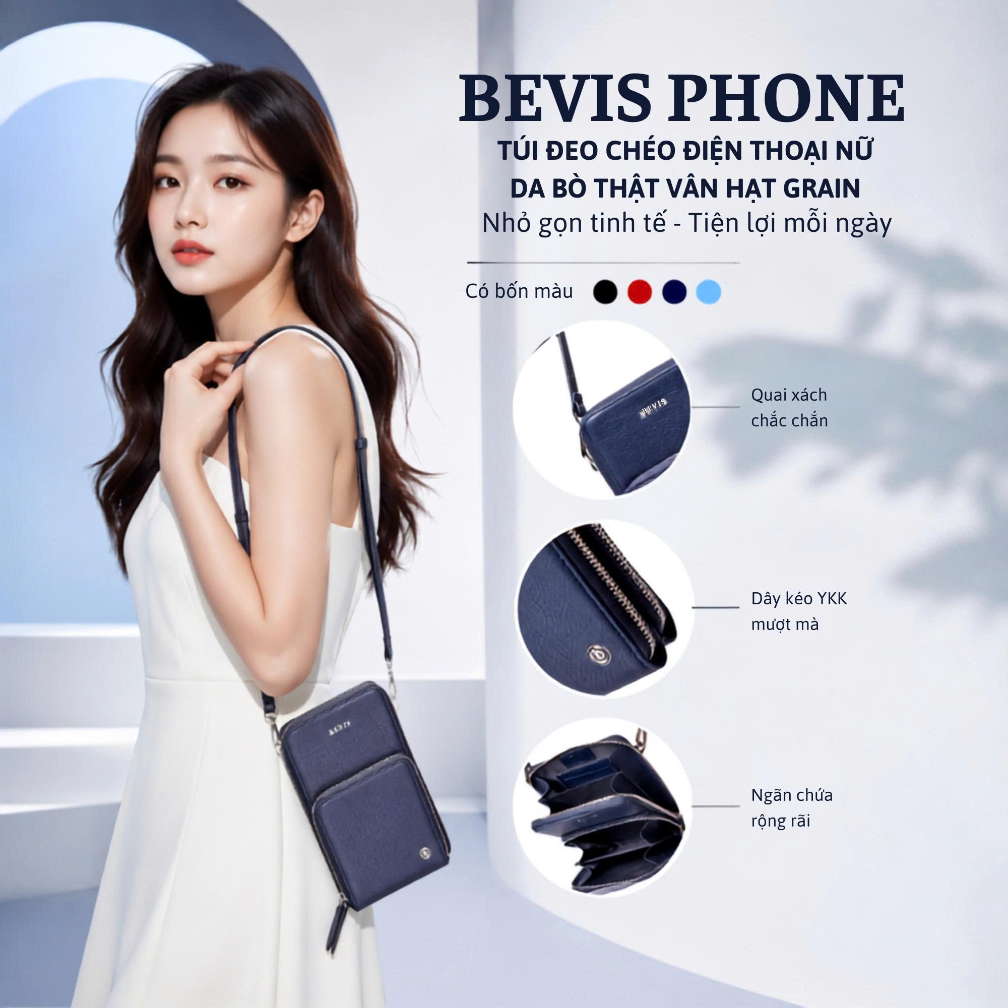 BEVIS PHONE – Túi Đeo Chéo Điện Thoại Nữ Da Bò Thật Vân Grain