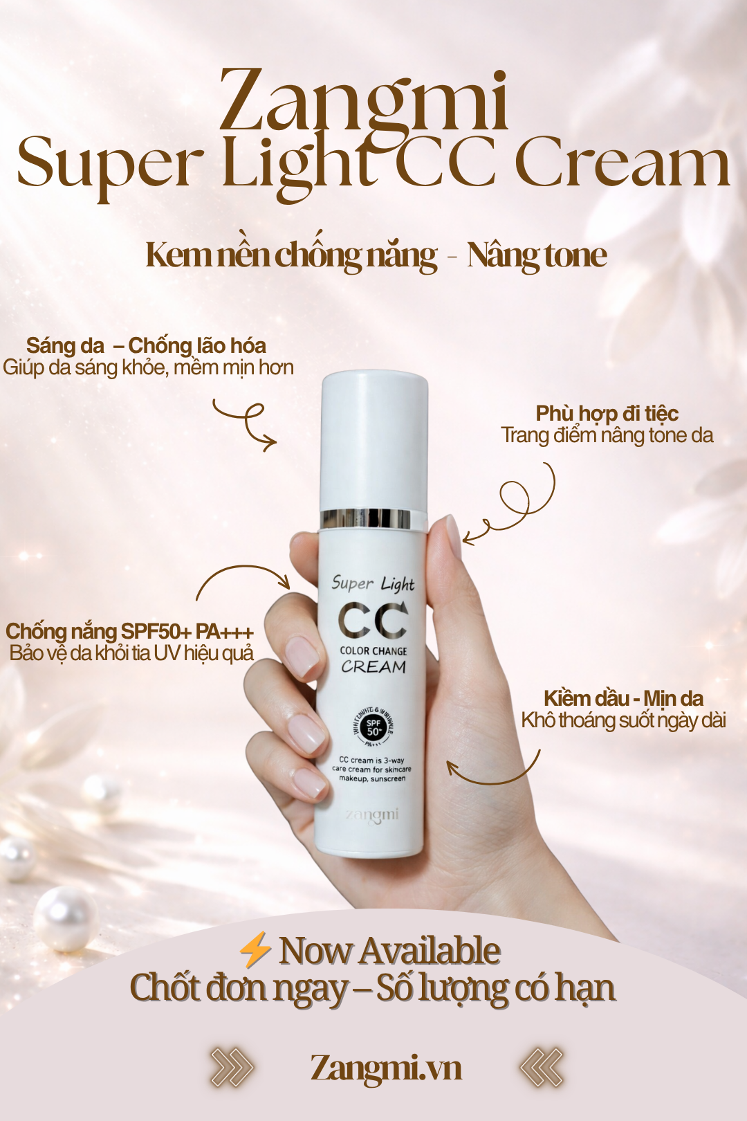 ZANGMI Super Light CC Cream – Kem Nền Chống Nắng Nâng Tone Nhẹ Mặt Tự Nhiên