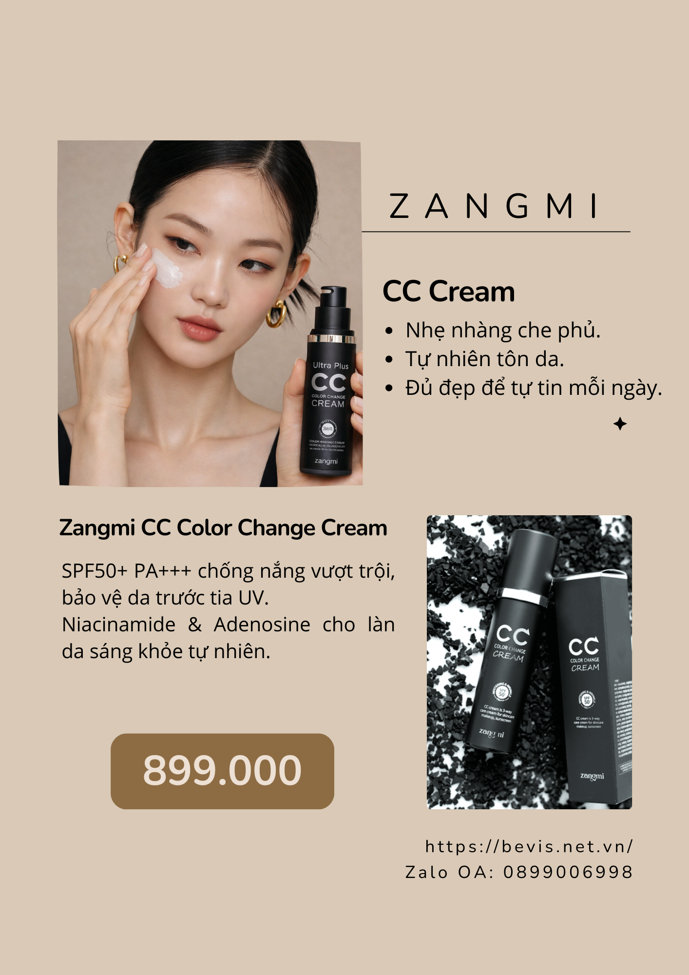 Zangmi CC Cream – Kem Nền Mỏng Nhẹ Che Phủ Tự Nhiên SPF50+ PA+++