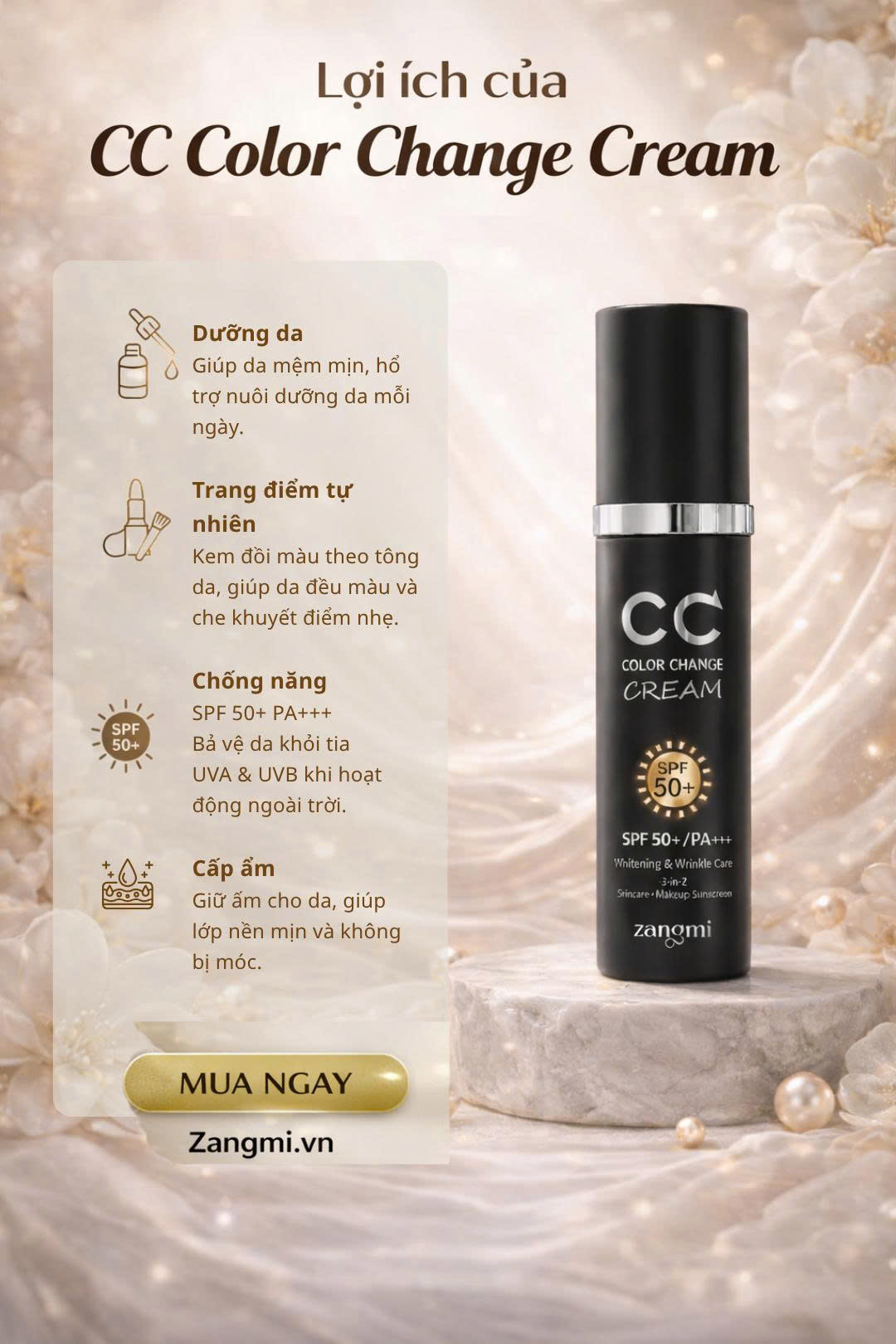 Zangmi CC Cream Color Change – Kem nền mỏng nhẹ, tự nhiên và chống nắng SPF 50+