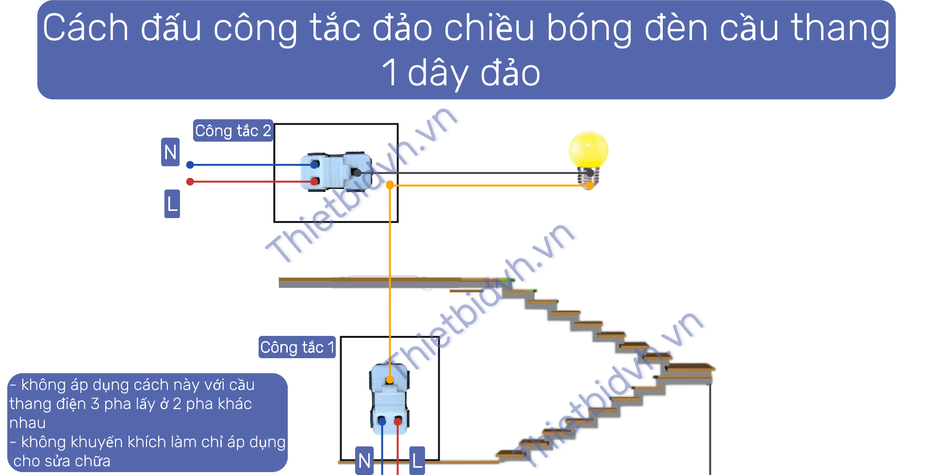 sơ đồ hướng dẫn đấu công tắc đảo chiều bóng đèn cầu thang và hành lang 1 dây đảo