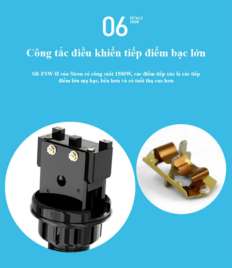 Bên trong công tắc Phao Điện Bồn Nước Siron SR-FSW-T-H01 là tiếp điểm được làm từ bạc có kích thước lớn
