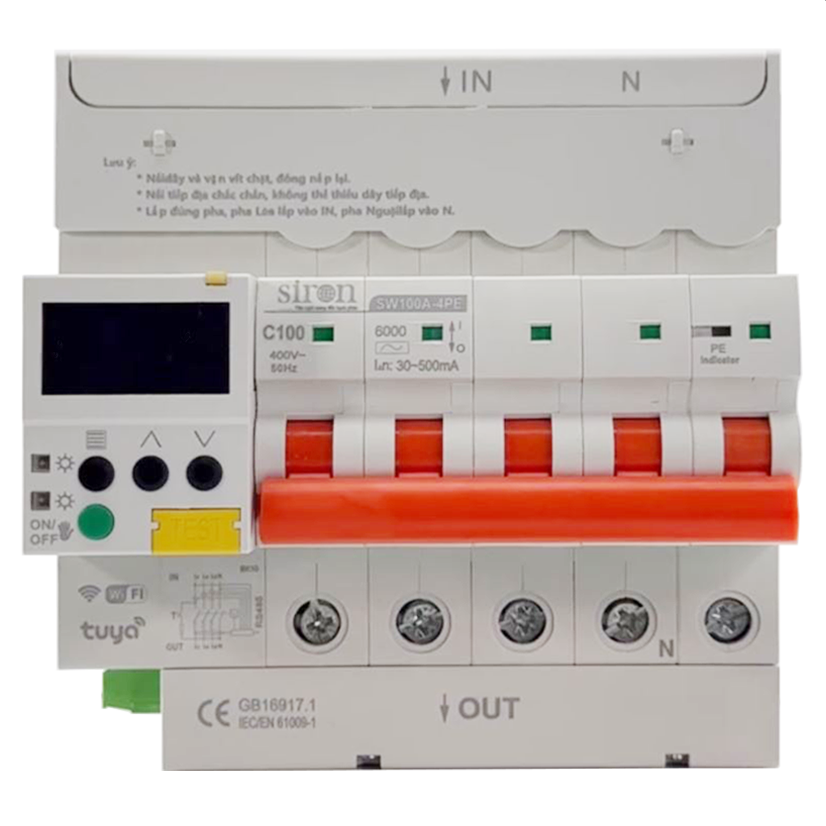 Aptomat chống sốc điện cách ly và kết nối Wifi 100A 3 Pha - 4 cực Siron SW100A-4PE
