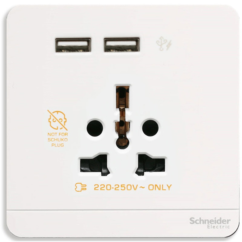 Bộ Ổ Cắm Đa Năng Và Sạc USB Đôi Màu Trắng Schneider AvatarOn Mã E8342616USB_WE_G19