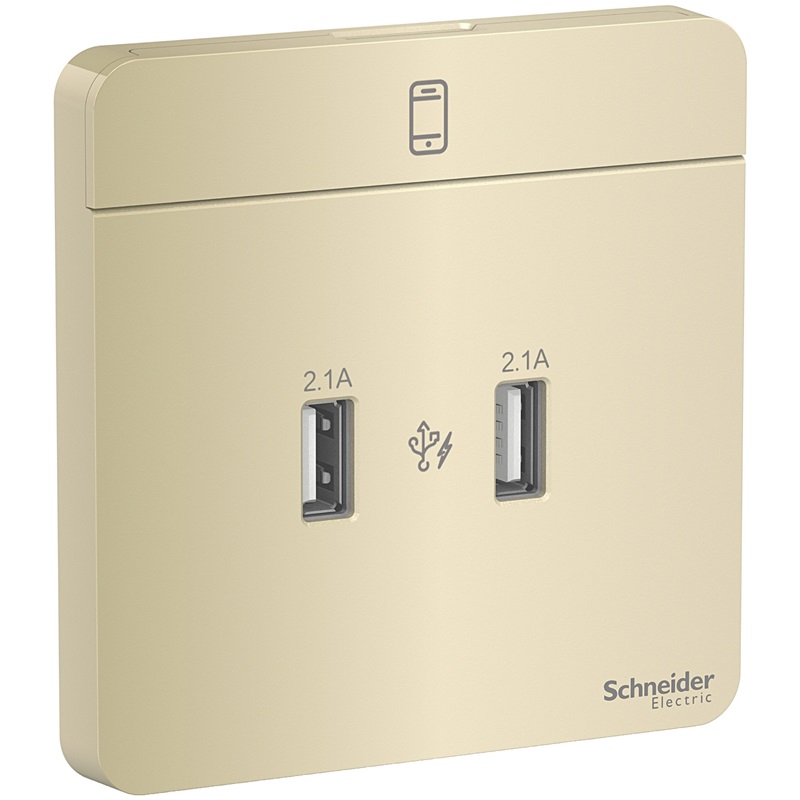 Bộ Ổ Sạc USB Đôi 2.1A Màu Vàng Ánh Kim Schneider AvatarOn Mã E8332USB_WG_G19