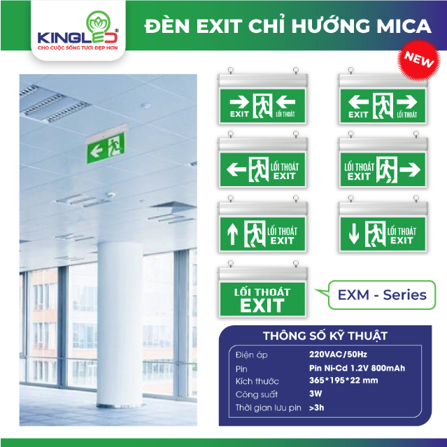 ĐÈN KINGLED EXIT CHỈ HƯỚNG TRÁI PHẢI Kích Thước  355x143x23mm  EX-3-2M-TP