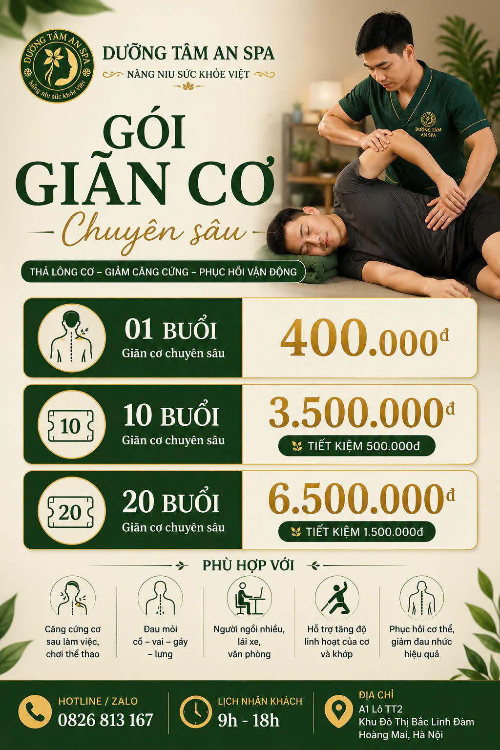 Bảng giá massage giãn cơ thể thao Dưỡng Tâm An Spa Bắc Linh Đàm