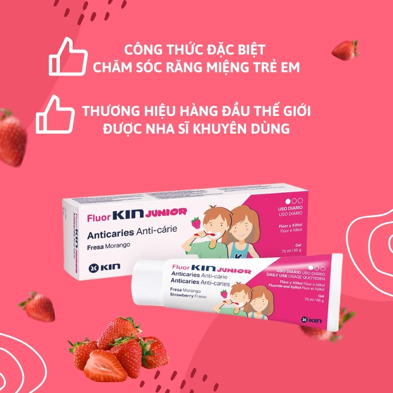 Gel đánh răng Fluor Kin Junior vị Dâu cho trẻ em 6 - 12 tuổi (75 ml / 90g)