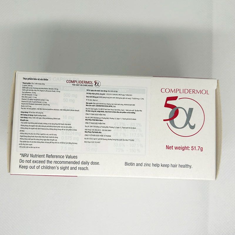 Viên uống Complidermol 5 Alpha ngăn ngừa rụng tóc do rối loạn nội tiết tố nữ (60 viên)