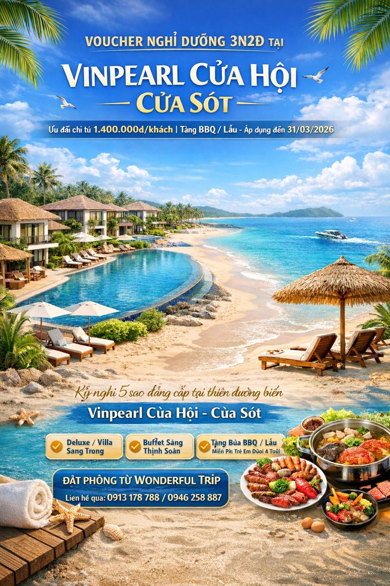 Voucher nghỉ dưỡng 3N2Đ tại Vinpearl Cửa Hội – Cửa Sót