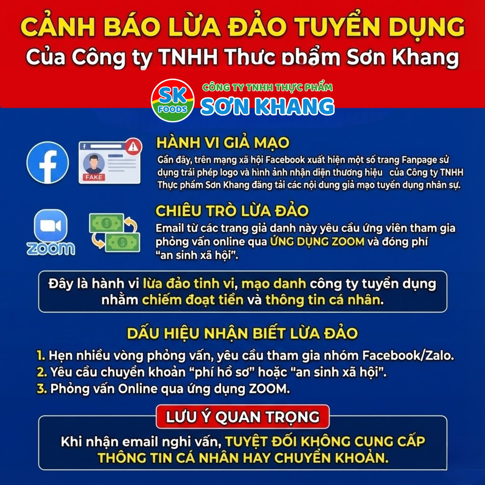 🚨 [CẢNH BÁO KHẨN CẤP] MẠO DANH CÔNG TY TNHH THỰC PHẨM SƠN KHANG ĐỂ LỪA ĐẢO TUYỂN DỤNG